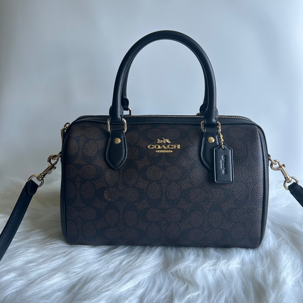 Coach Rowan Satchel Walnut Black Signature Canvas Leather Bag NEW